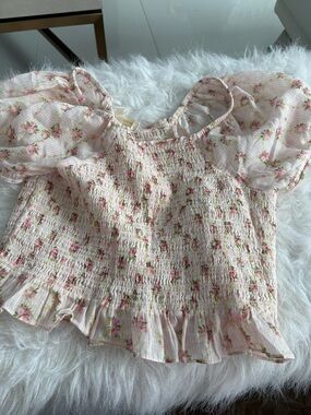 LoveShackFancy ruched  top size 10 baby pink with little roses.